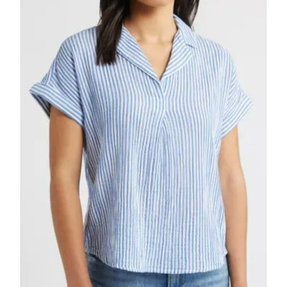 Beachlunchlounge Blouse Striped Cotton Size L Lightweight Casual Collared Top